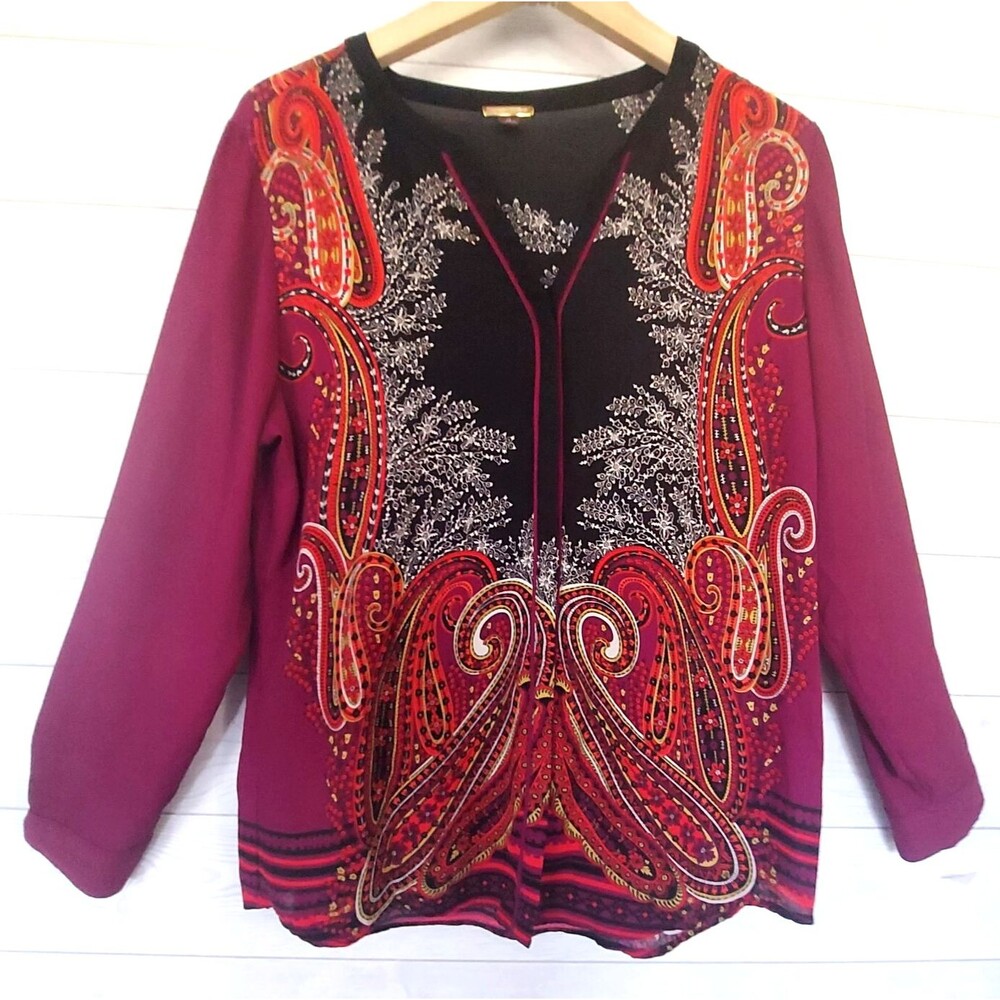 Dana Buchman Long Sleeve Blouse Size 14 Colorful Top V-neck Career Church